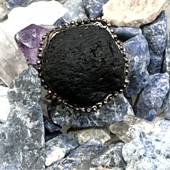 Lava rock and brass maximalist open cuff adjustable ring - Picture 1 of 3